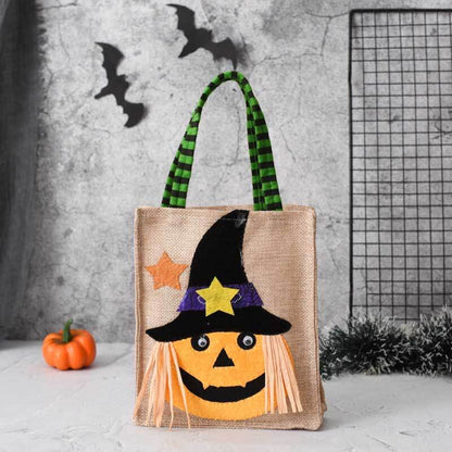 Reusable Halloween drawstring linen candy bag with ghost and pumpkin graphics for trick-or-treating