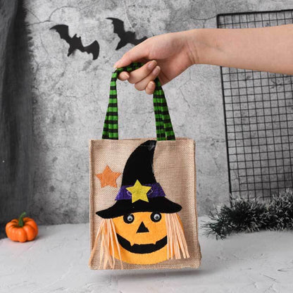 Linen drawstring bag for Halloween, featuring a fun monster illustration, ideal for candy collection