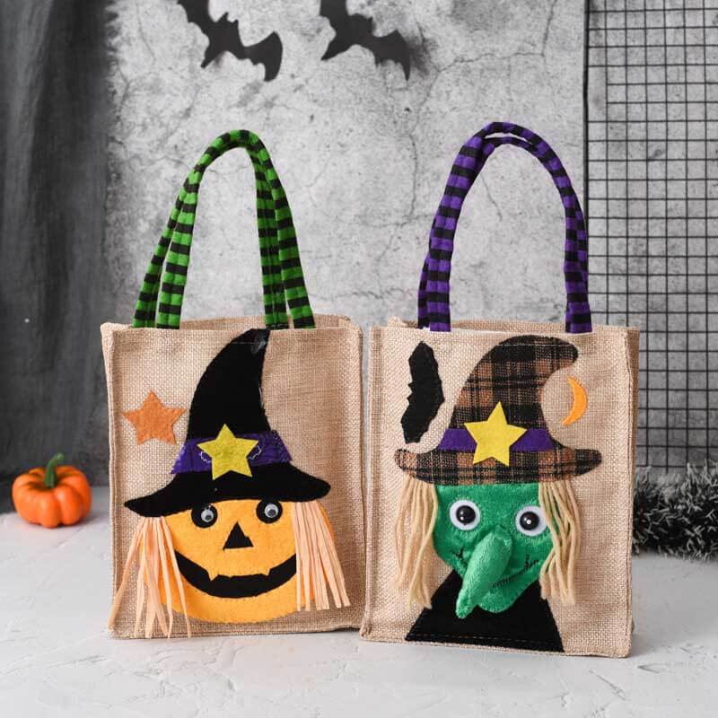 Festive Halloween linen treat bag with a classic jack-o'-lantern design and secure drawstring closure