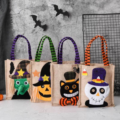 Durable linen drawstring candy bag, Halloween themed with bats and stars, great for festive parties