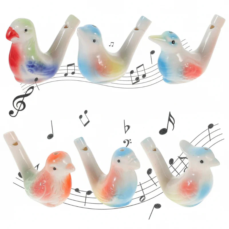 Hand-painted ceramic bird water whistle toy producing realistic bird sounds for educational play and stress relief.
