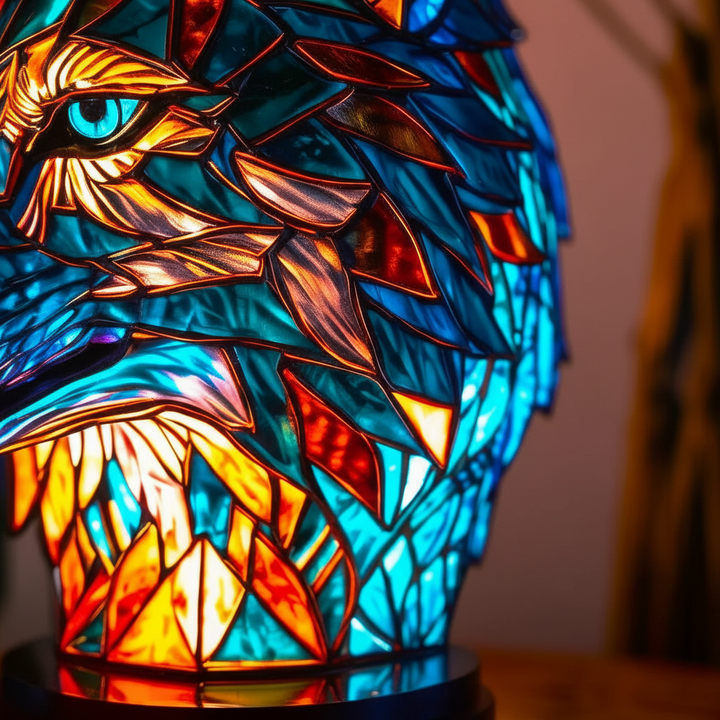Vibrant handcrafted animal head mosaic table lamp, providing artistic lighting & unique home decor.