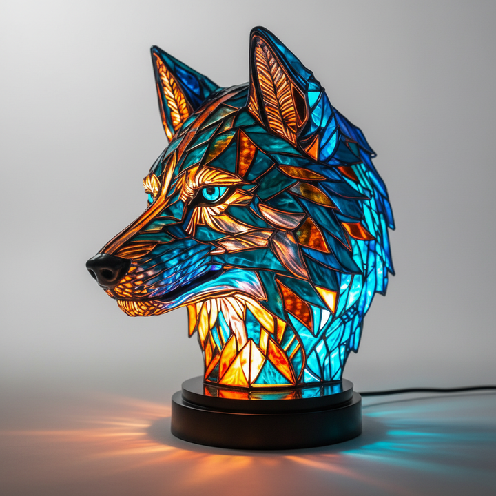 Detailed handcrafted mosaic lamp featuring an animal head design, a decorative artistic light.