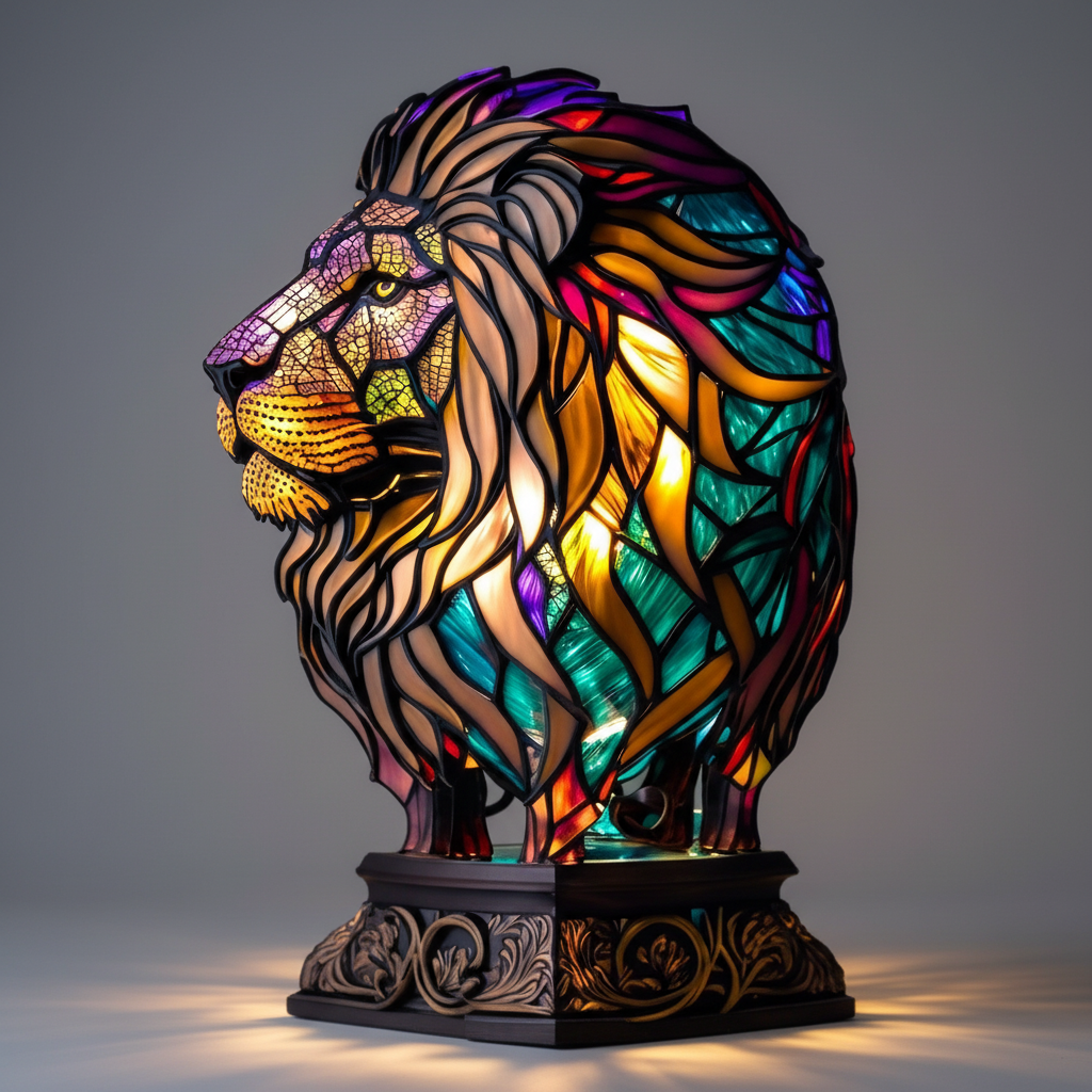 Close-up of the intricate mosaic detail on the handcrafted animal head decorative lamp.