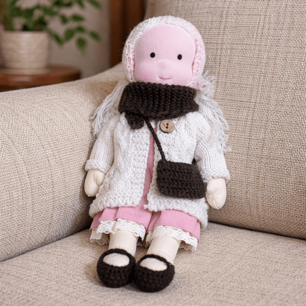 Imaginative play Waldorf doll, a handmade cotton plush toy for kids' creativity.