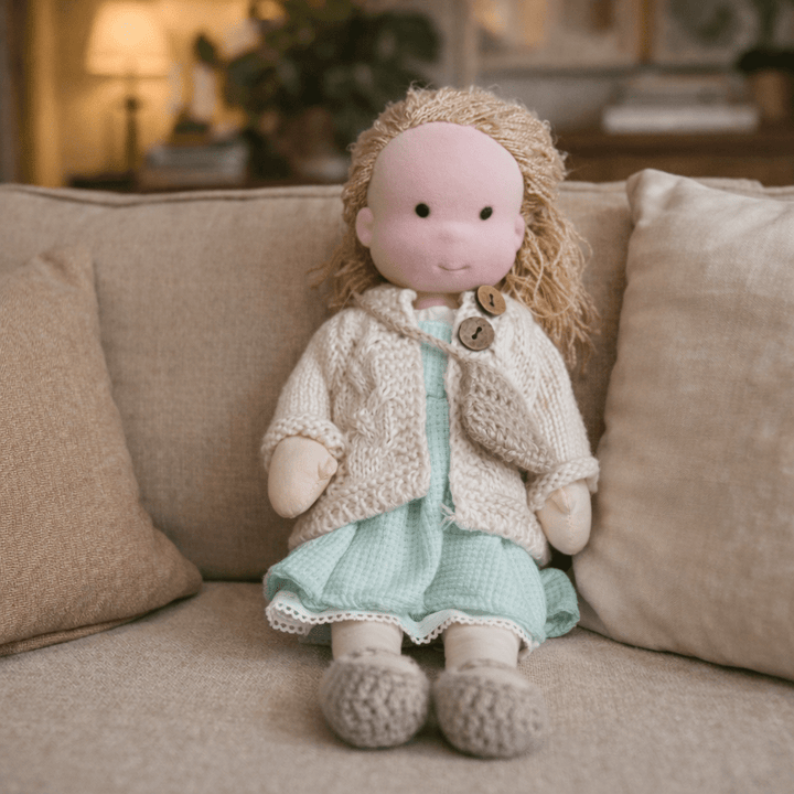 Authentic Waldorf doll, a soft and cuddly cotton toy made with natural materials.
