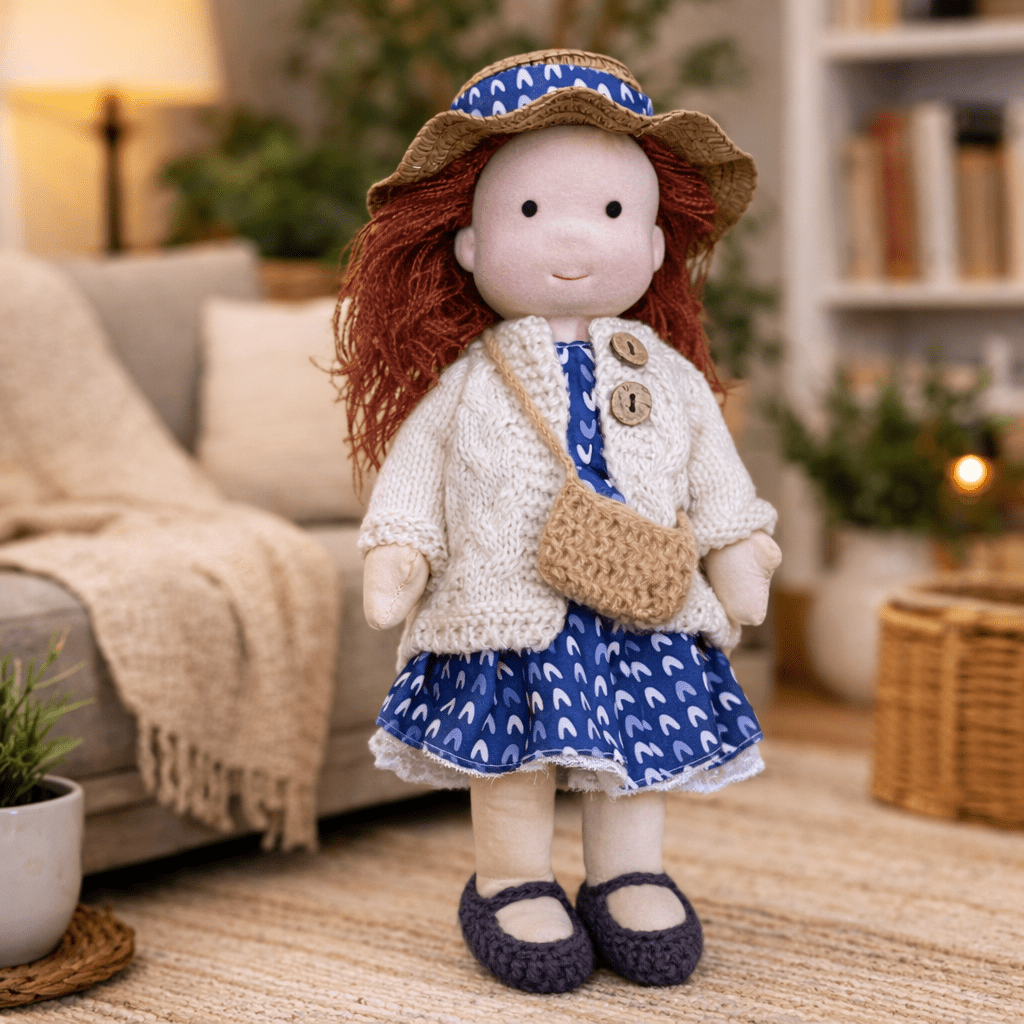 Eco-friendly Waldorf doll, a soft cotton toy encouraging imaginative play in children.