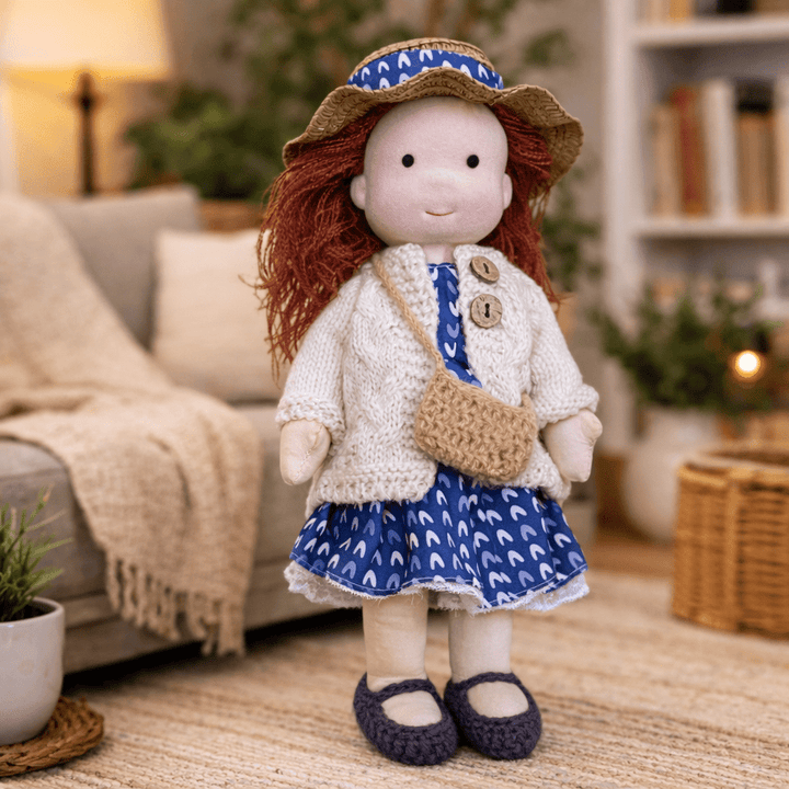 Eco-friendly Waldorf doll, a soft cotton toy encouraging imaginative play in children.