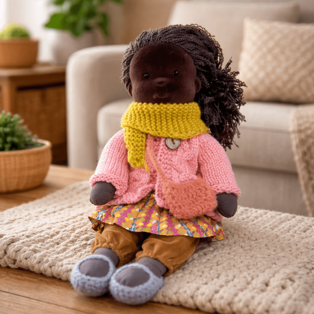 Charming handcrafted Waldorf doll, a safe and natural cotton plush for toddlers.