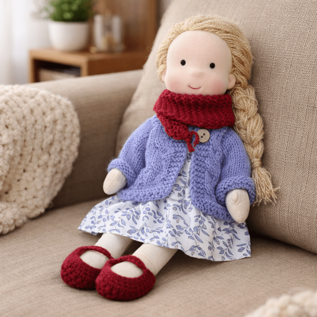Hand-stitched Waldorf doll, a developmental cotton toy for endless imaginative play.