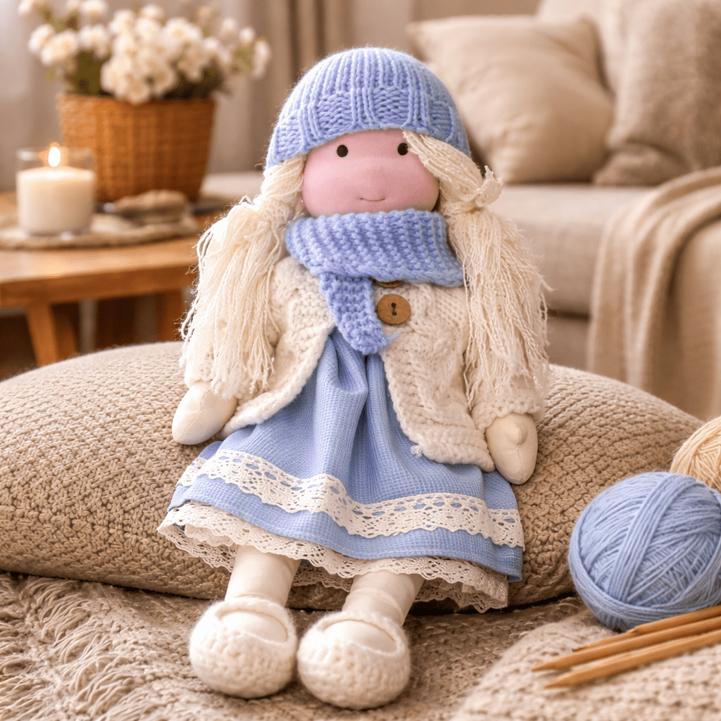Sustainable Waldorf doll, a soft cotton handmade toy for safe, creative kids' play.