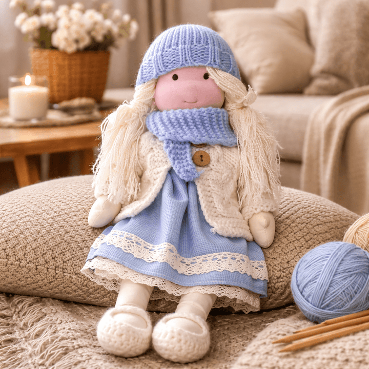 Sustainable Waldorf doll, a soft cotton handmade toy for safe, creative kids' play.