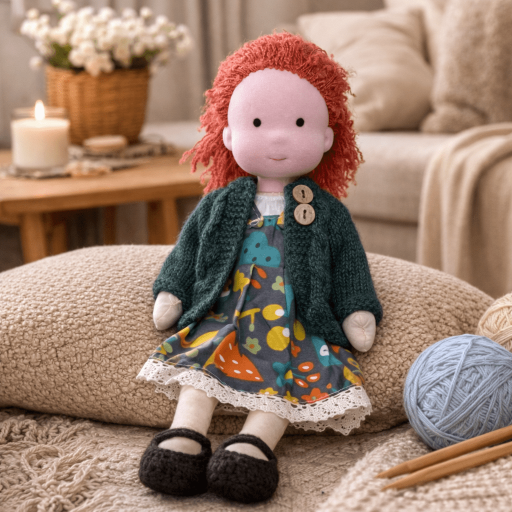 Organic cotton Waldorf doll, a soft plush toy perfect for nurturing imaginative play.