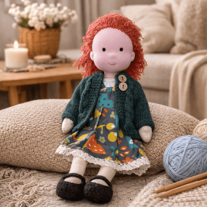 Organic cotton Waldorf doll, a soft plush toy perfect for nurturing imaginative play.
