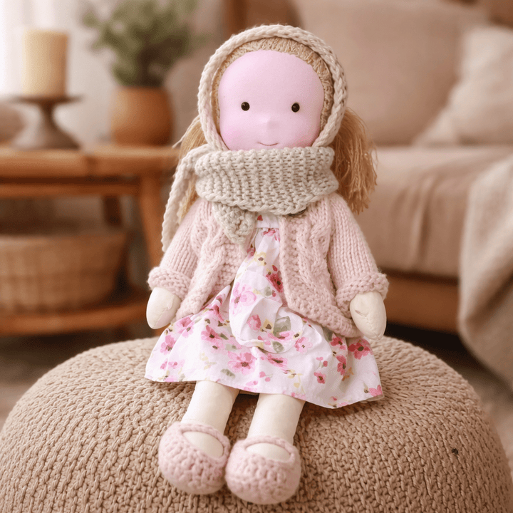 Beautifully handcrafted Waldorf doll, a natural fiber toy for children's creative world.
