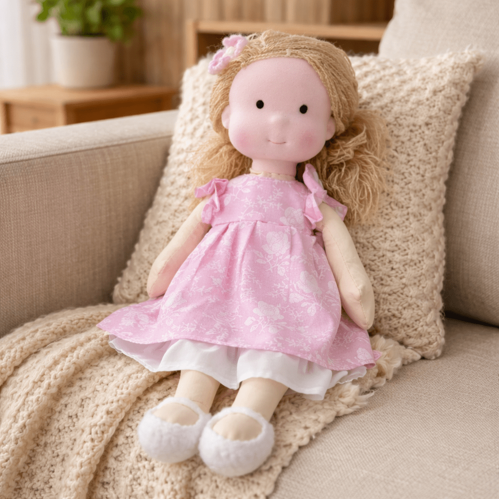 Thoughtfully made Waldorf doll, a cuddly cotton toy promoting early development.