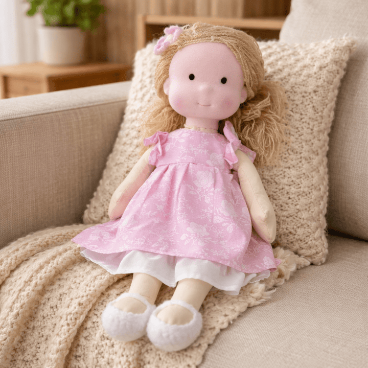 Thoughtfully made Waldorf doll, a cuddly cotton toy promoting early development.