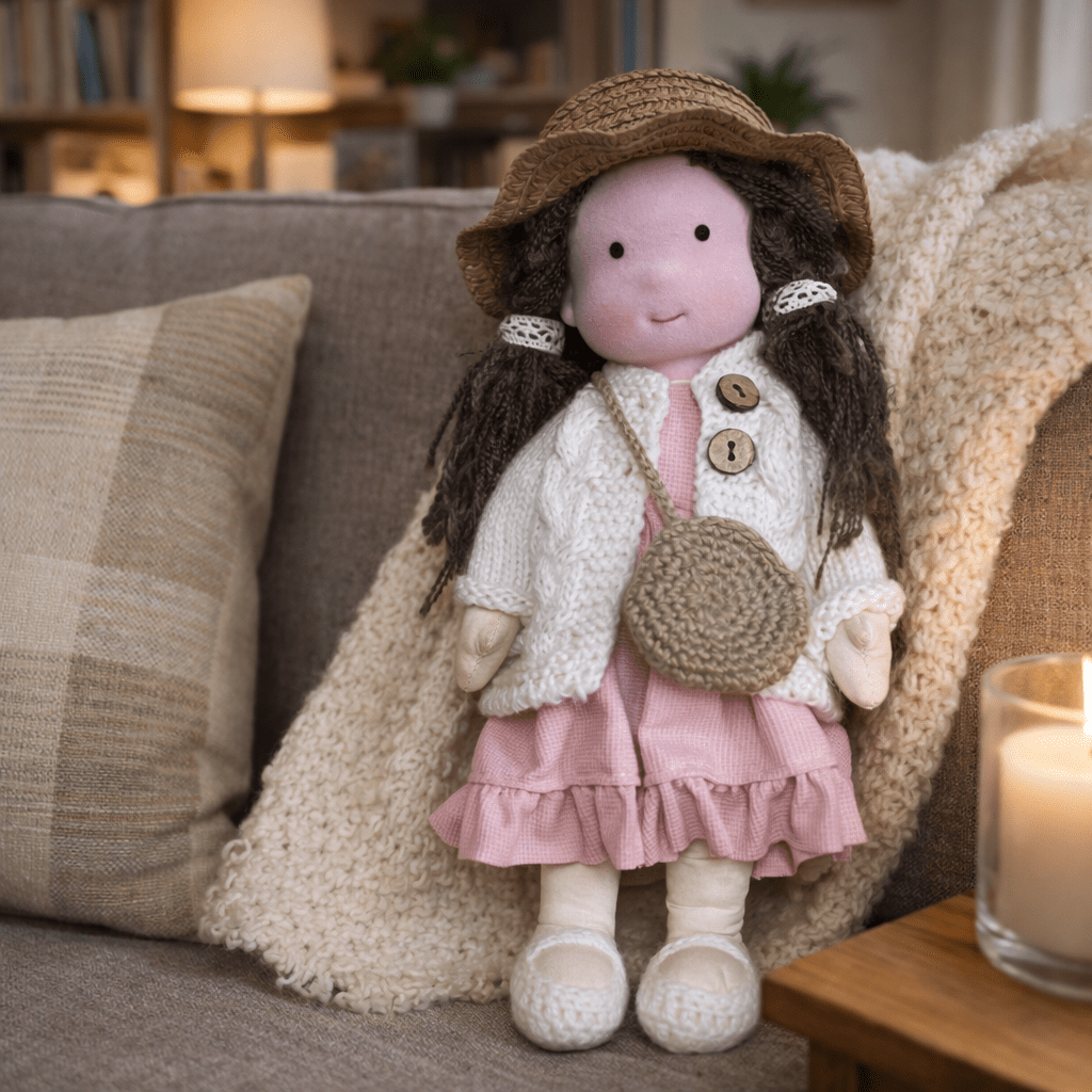 Durable handcrafted Waldorf doll, a natural cotton plush for years of creative fun.