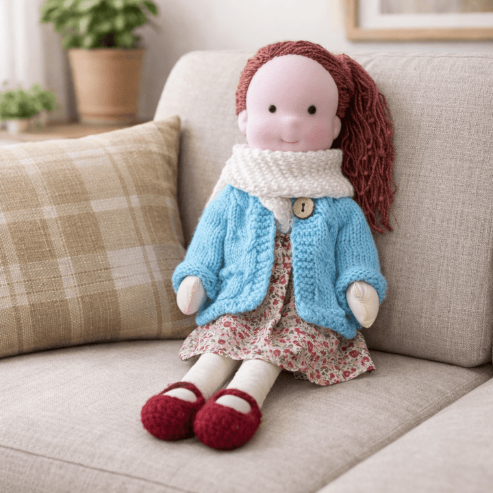 Comforting Waldorf doll, a soft handmade cotton plush perfect for cuddles and play.