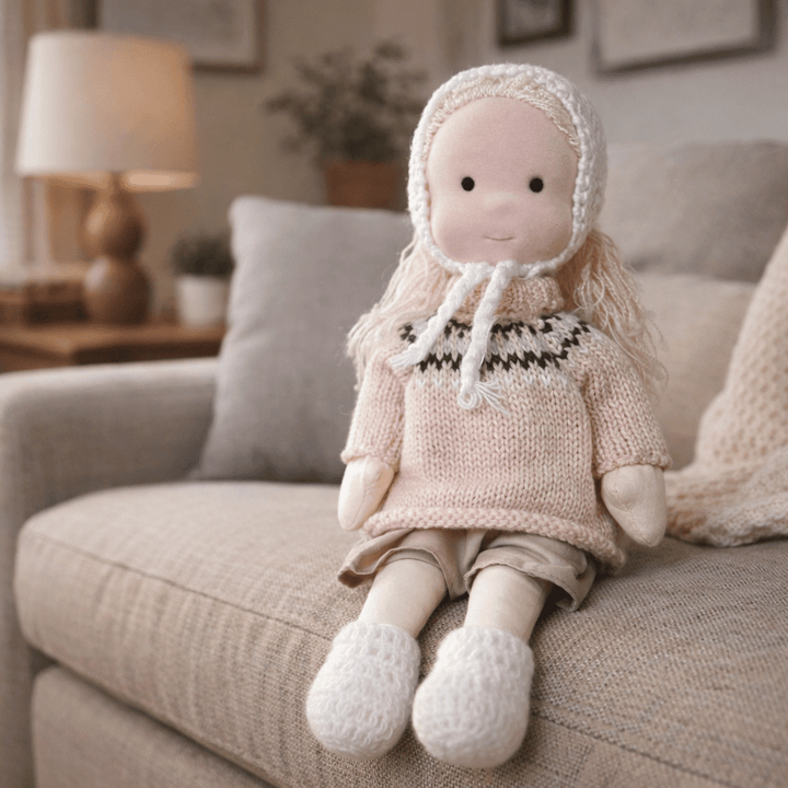 Educational Waldorf doll, a natural cotton toy for imaginative play and development.