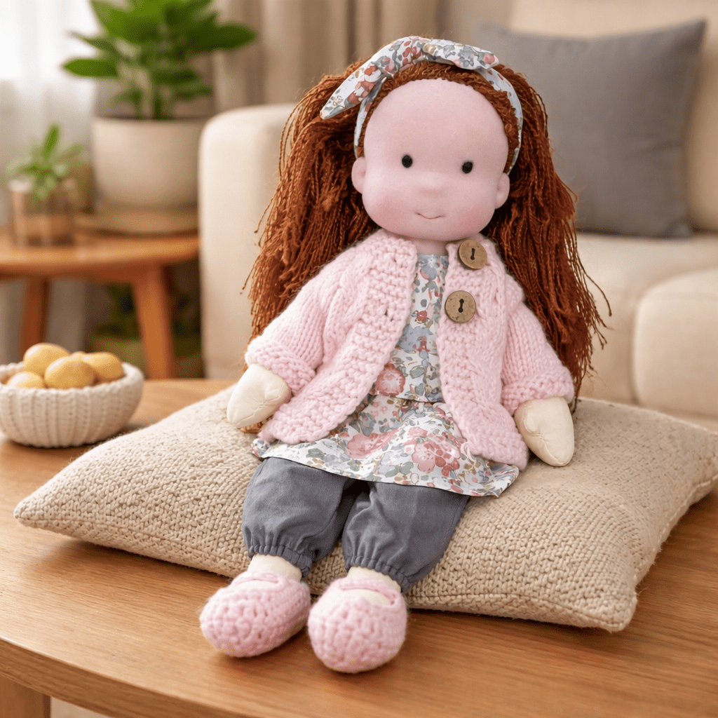 Handmade with love Waldorf doll, a cuddly cotton toy for imaginative children.