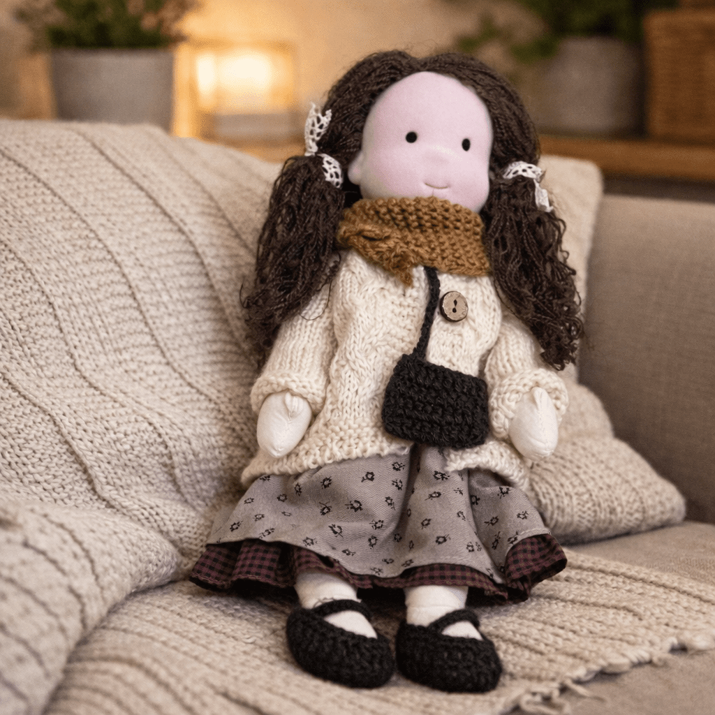 Nurturing Waldorf doll, a natural cotton plush toy for children's imaginative journeys.