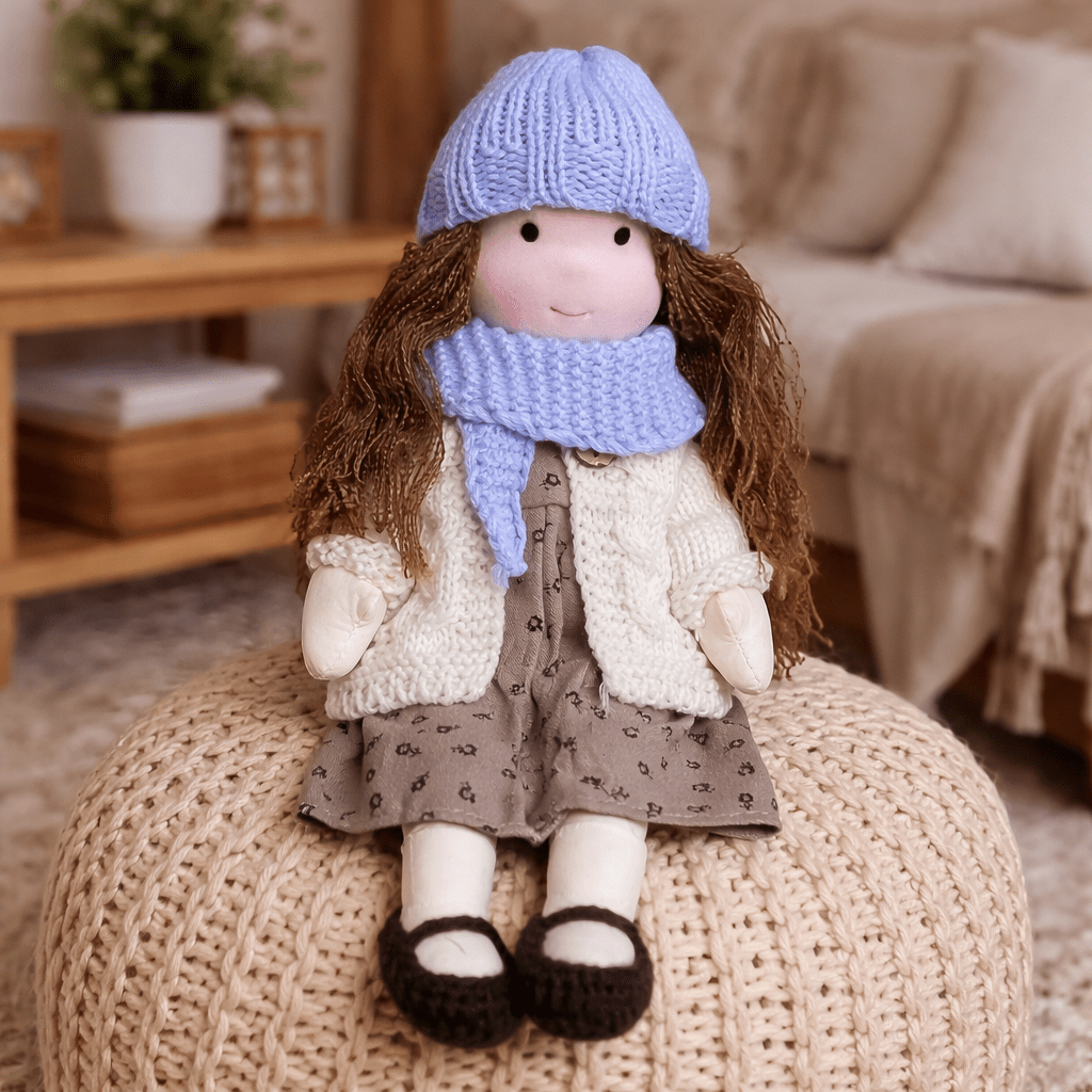 Plush handmade Waldorf doll, an adorable gift made with natural cotton for kids.