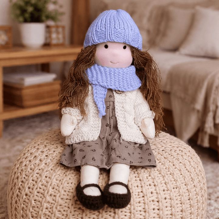 Plush handmade Waldorf doll, an adorable gift made with natural cotton for kids.