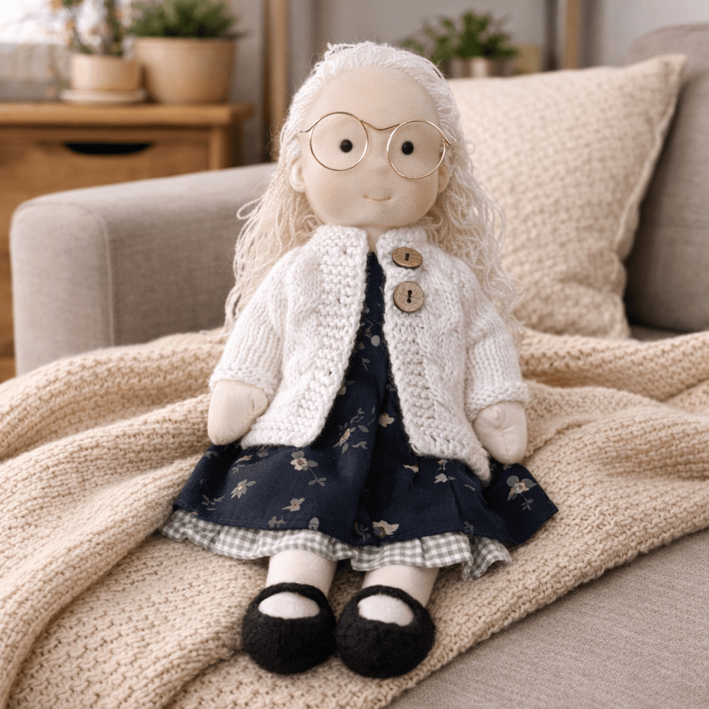 Handmade cotton Waldorf doll, ideal for creative play and a warm kids' gift.
