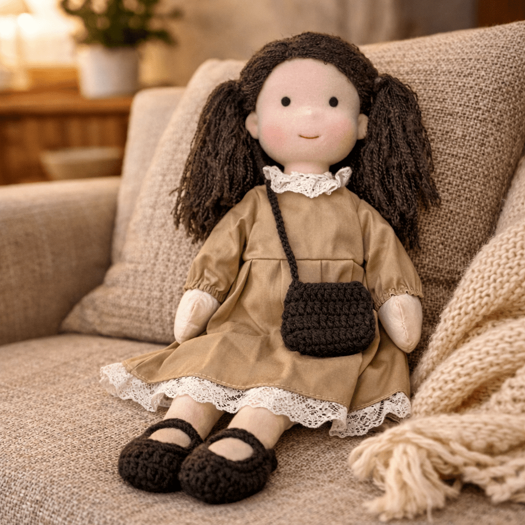 Soft handcrafted Waldorf doll, a cuddly natural cotton toy for children's play.