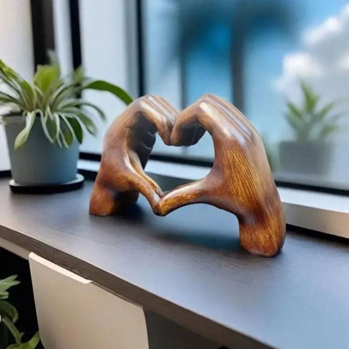 Handcrafted Heart Hands Wood Sculpture, unique love symbol home decor. Artisanal rustic charm figurine.