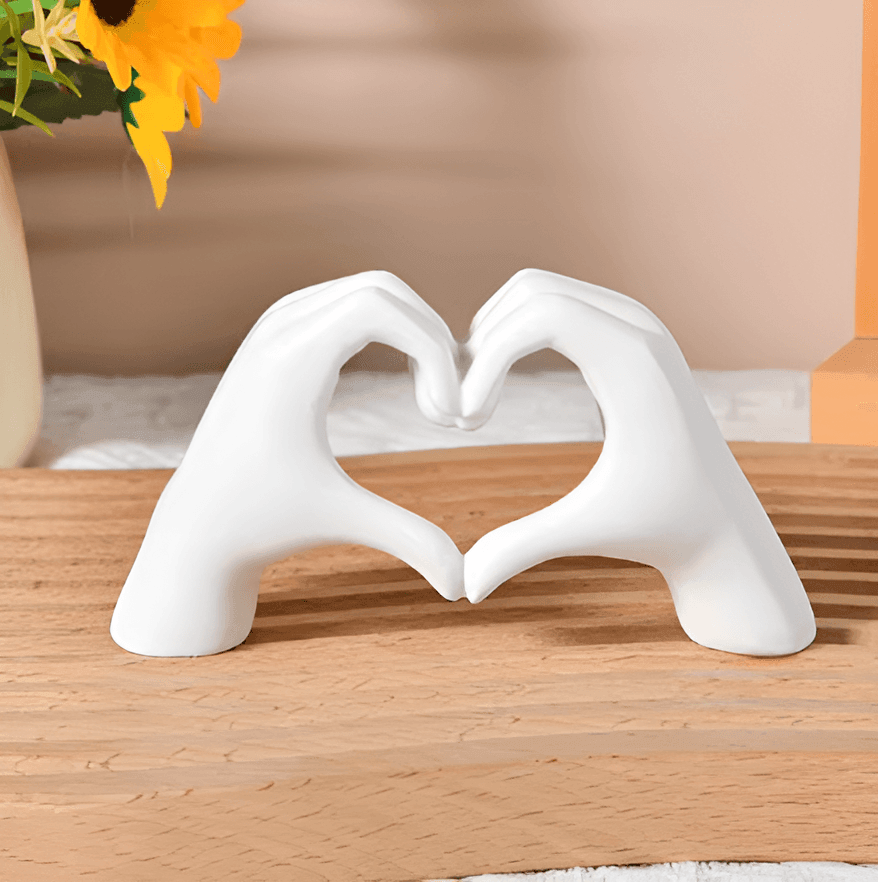Handmade wood heart hands sculpture for modern home decor. Artisanal love symbol art, rustic charm gift.