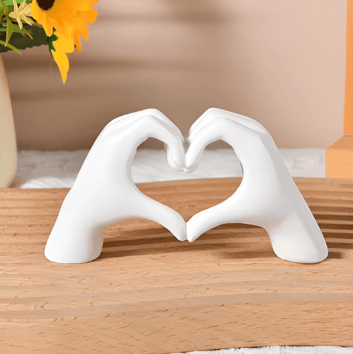 Handmade wood heart hands sculpture for modern home decor. Artisanal love symbol art, rustic charm gift.