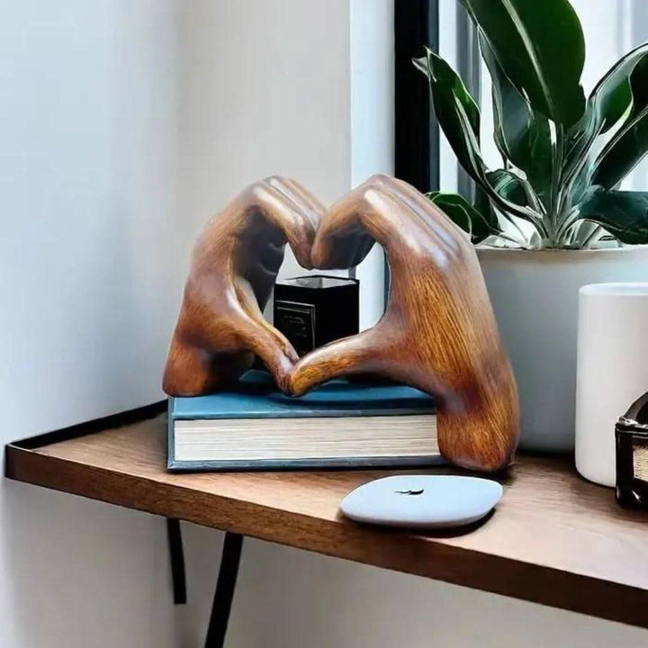 Heart Hands Wood Sculpture: Handcrafted artisanal home decor. Unique love symbol, rustic modern gift.