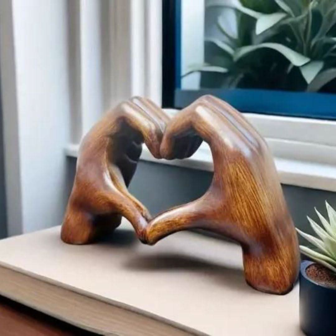 Unique gift idea: Handcrafted wood heart hands sculpture. Artisanal home decor, love symbol rustic charm.