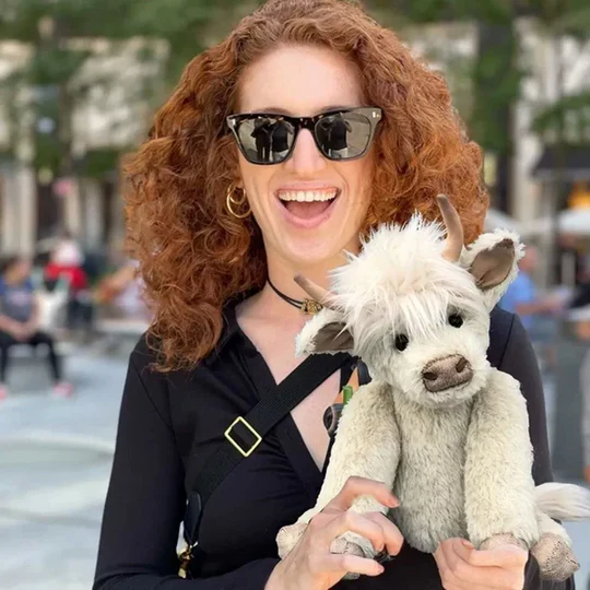 Close-up of a soft, handmade Highland cow plush toy with shaggy alpaca fur, a cuddly and detailed stuffed animal.