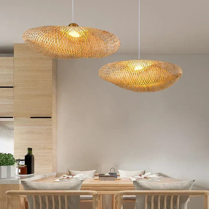 Handmade rattan pendant lamp, ideal for natural home decor & ambient lighting.