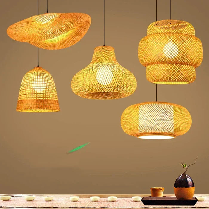 Beautiful handmade rattan pendant light, enhancing dining room decor with warm, natural glow.