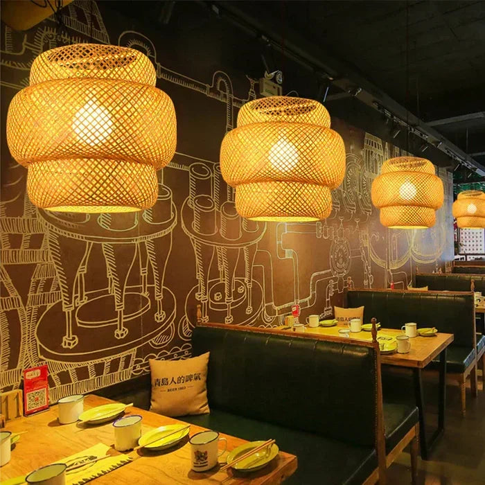 Organic rattan lamp, a stylish bedroom pendant light for a calming, natural aesthetic.