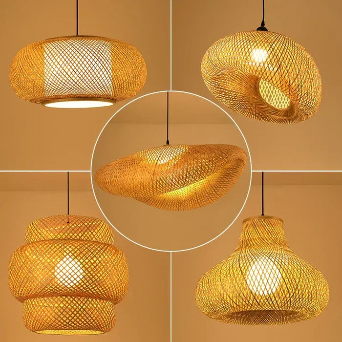 Woven rattan ceiling lamp, bringing natural, boho-chic lighting to a modern living room.