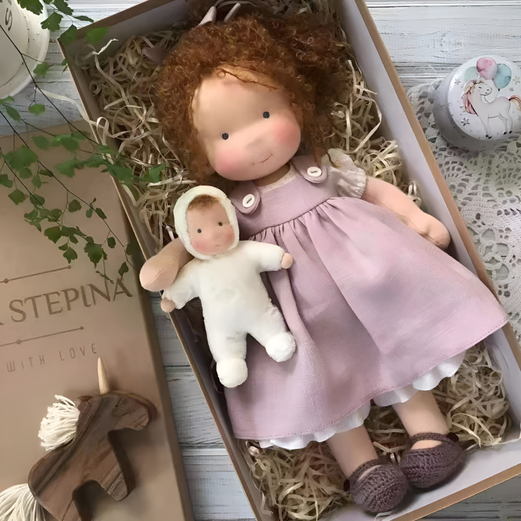 Toddler's Waldorf doll, soft, handmade, for endless creative fun.