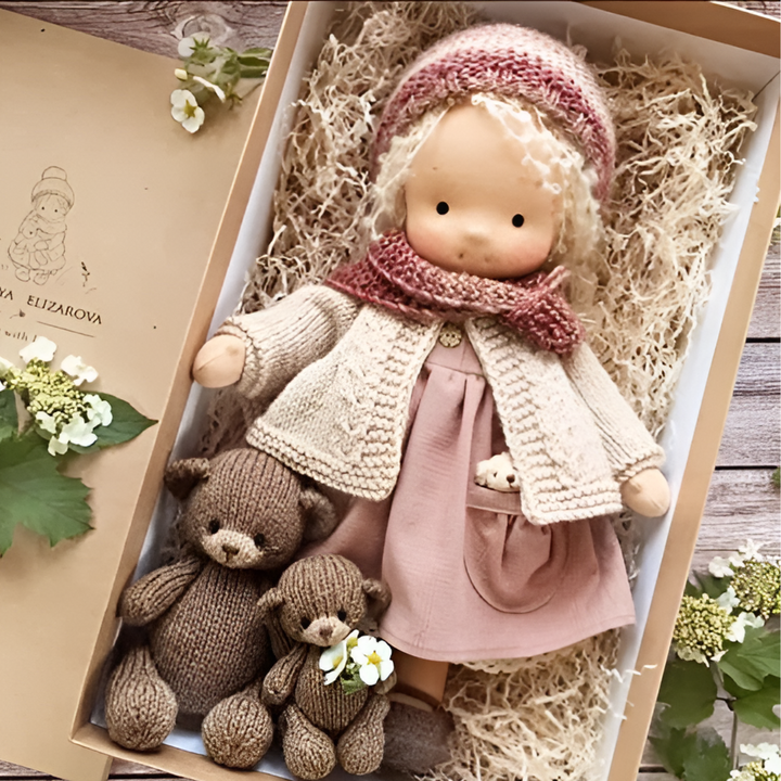 Waldorf-style handmade doll, natural, encourages imaginative stories.