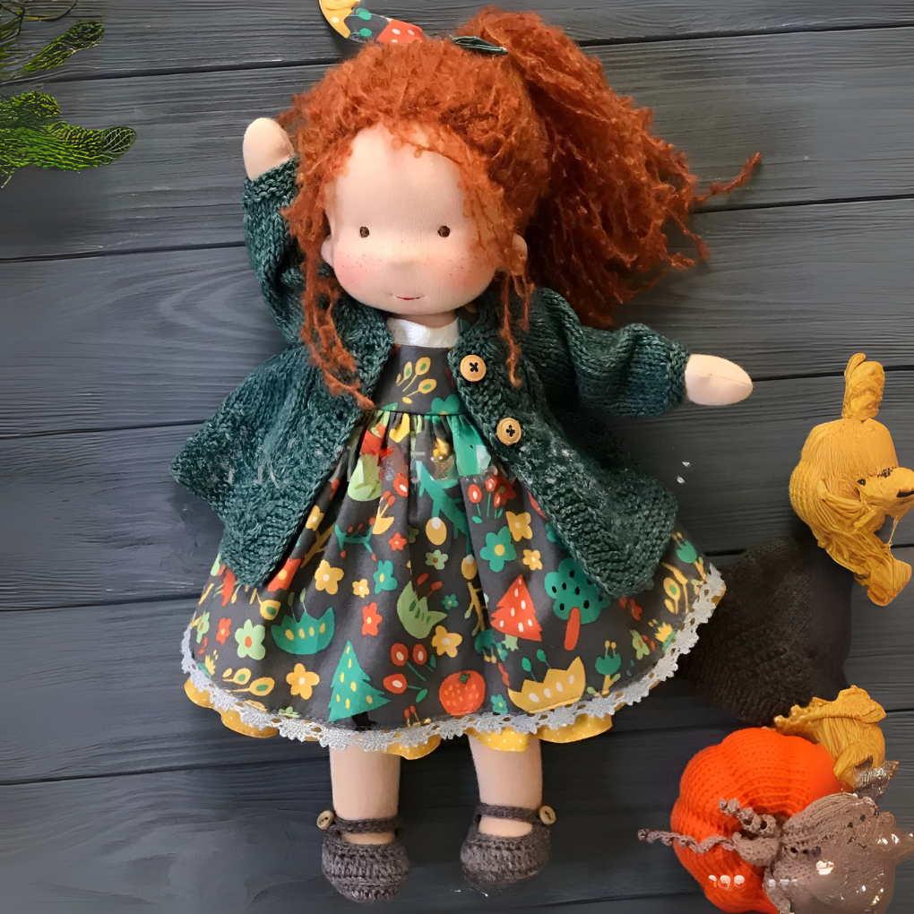 Soft, natural Waldorf cloth doll, perfect for imaginative adventures.