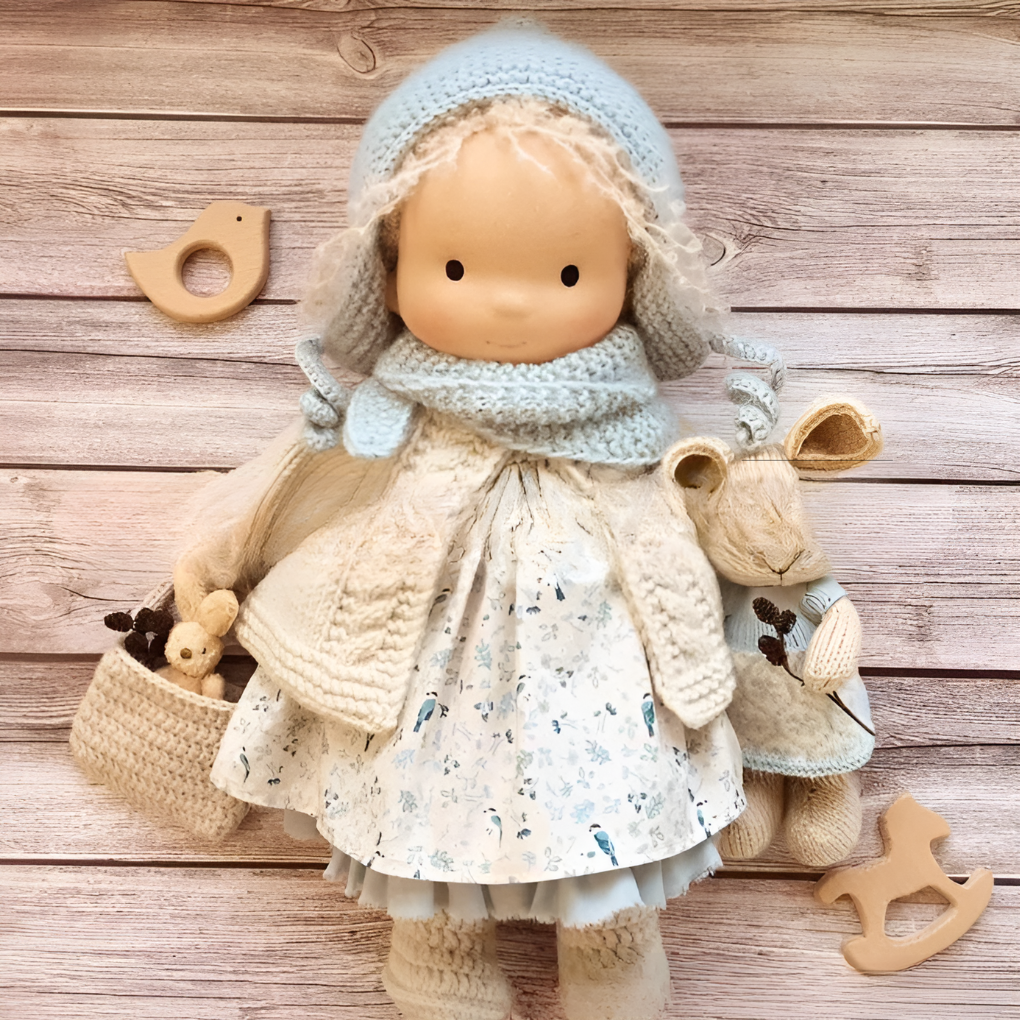 Handcrafted Waldorf doll, a gentle toddler toy for development.
