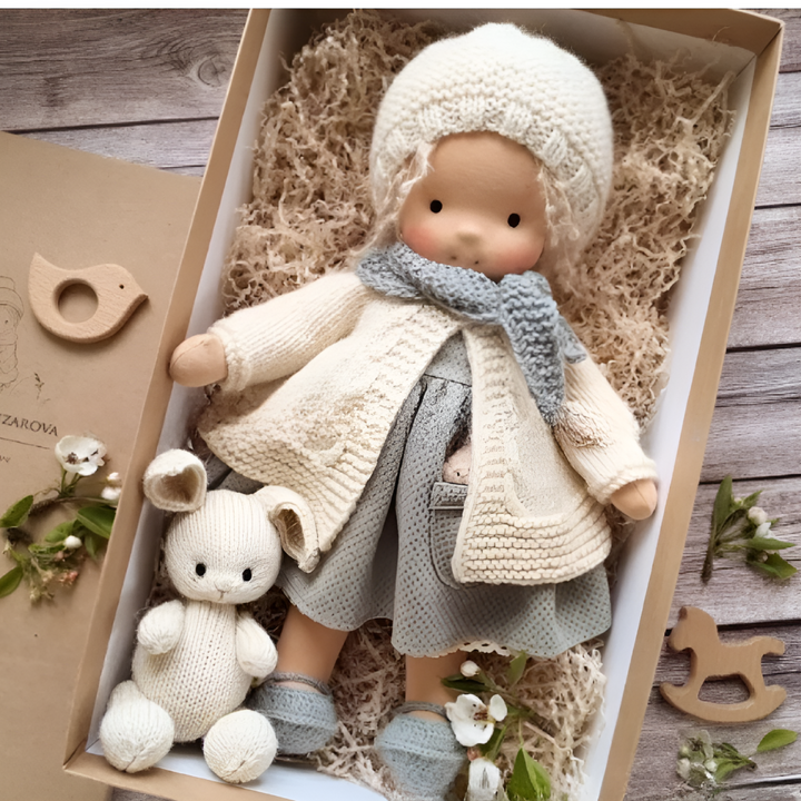 Natural Waldorf doll, soft and durable, fostering imaginative play.