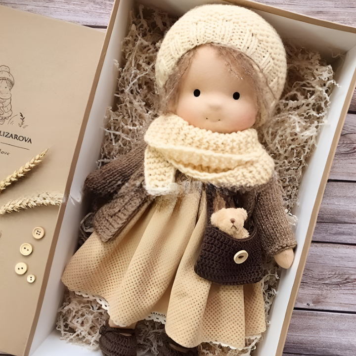 Soft Waldorf doll, natural fibers, for gentle imaginative play.