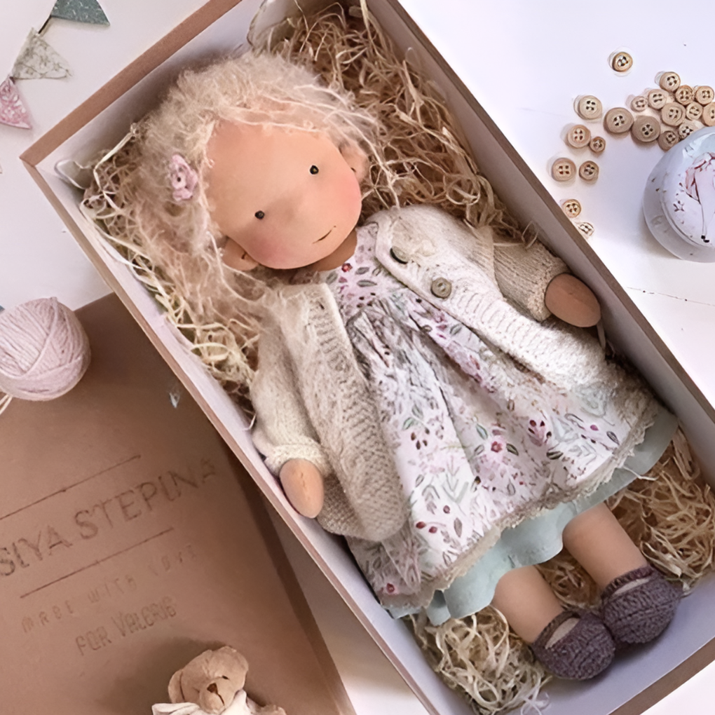 Imaginative play Waldorf doll, handcrafted, promoting child development.