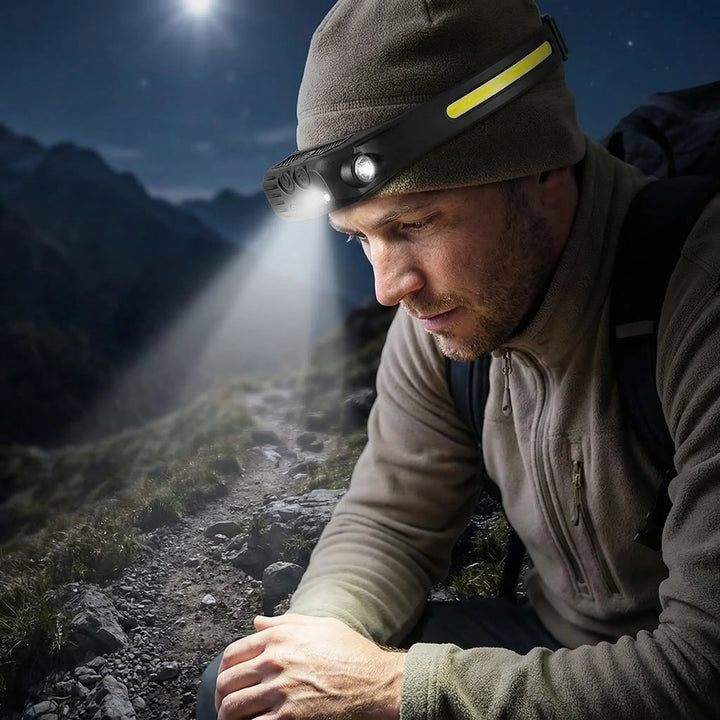 Hands-free USB rechargeable LED headlamp for outdoor adventures, camping, hiking, and work. Bright, efficient light.