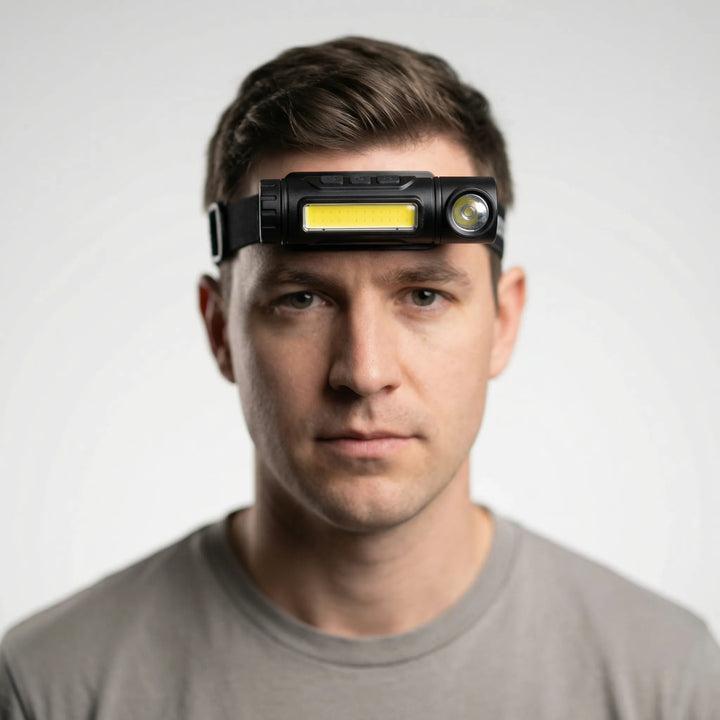 Water-resistant LED headlamp with motion sensor, ideal for camping, hiking, fishing, and emergency lighting. USB rechargeable.