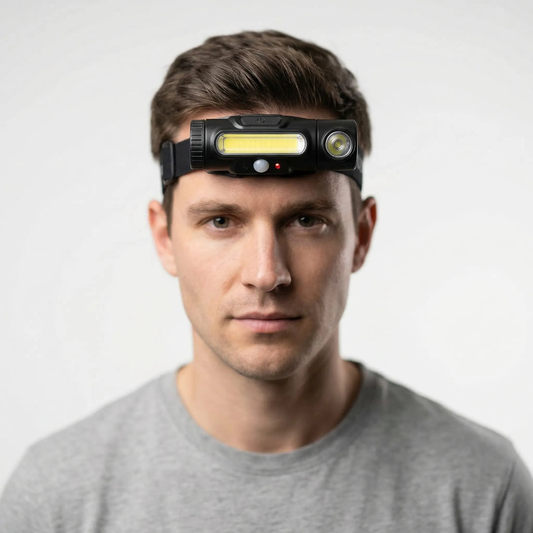 Versatile LED headlamp, essential adventure gear for night hiking, camping, and fishing. Bright, compact, and rechargeable.